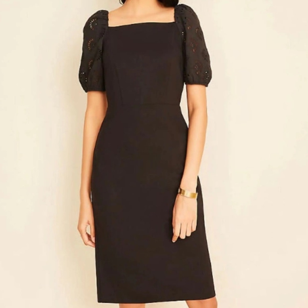 Ann Taylor Square Neck Eyelet Puff Sleeves Dress NWT